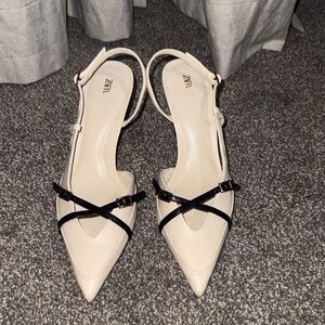 Zara Cream Pointed Slingback Flats with Black Cross Straps